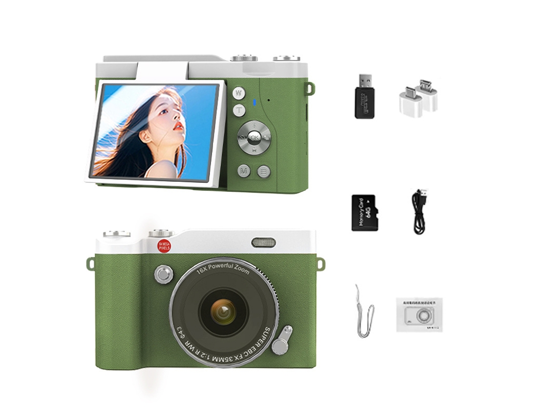Cámara digital retro con pantalla abatible Ultra HD, sin tinte verde, tarjeta de memoria de 32 GB + lector de tarjetas + 2 puertos, Android YUNZII