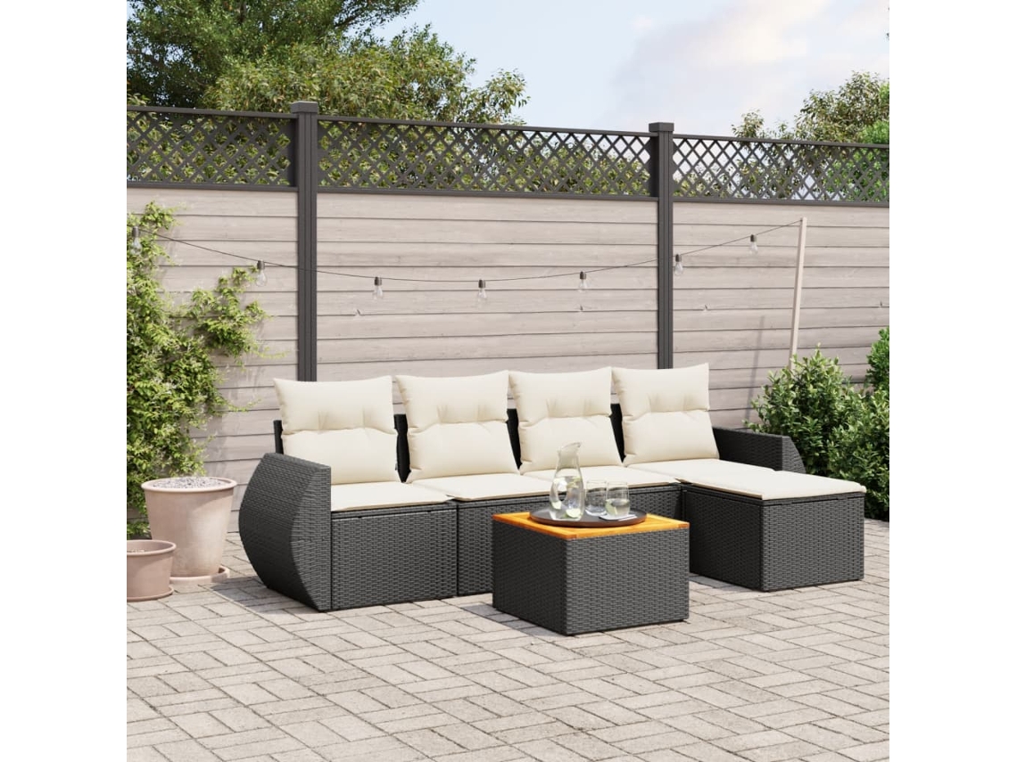 Conjunto de sofá de jardín de 6 piezas con cojines, mimbre sintético negro, DKD Home Decor