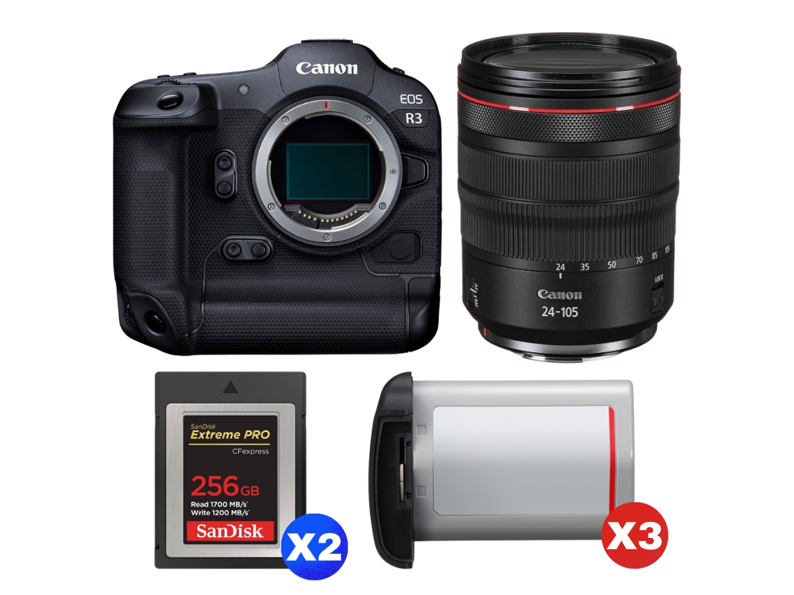Canon EOS R3 + RF 24 105mm F/4 L IS Usm + 2 Sandisk 256GB Extreme Pro CFExpress Tipo B + 3 Canon LP e19 + Libro electrónico “20 consejos para fotos impresionantes”