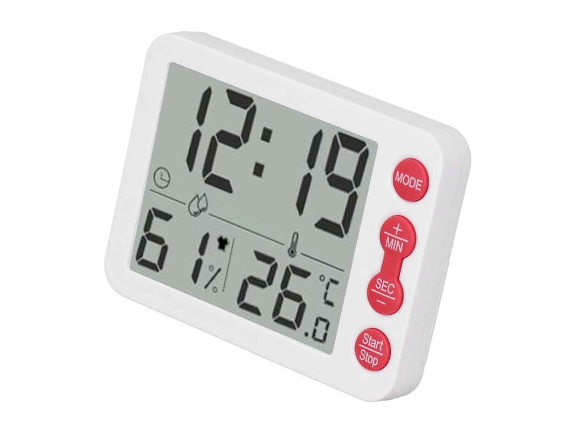 Termómetro higrómetro digital multifuncional para interiores con alarma, tecla blanca y roja