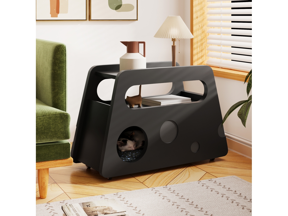 Aparador/Mesa auxiliar moderna negra con ruedas, diseño redondo y seguro. Un mueble fantástico, ideal para salón y dormitorio.