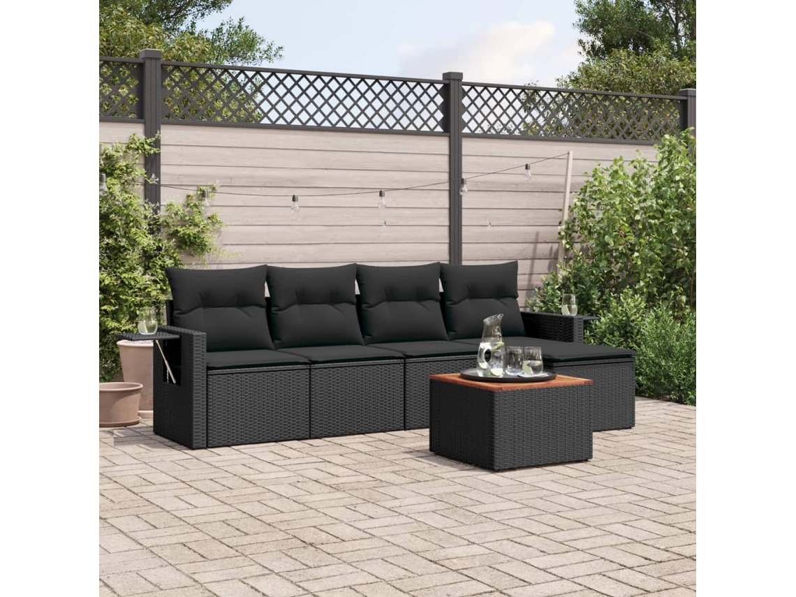Conjunto de sofá de jardín de 6 piezas con cojines, mimbre sintético negro, DKD Home Decor