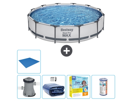 Piscina BESTWAY Round Steel Pro MAX - 366 x 76 cm - Gris - Bomba incluida Vela solar - Paquete de mantenimiento - Filtrar - Suelo