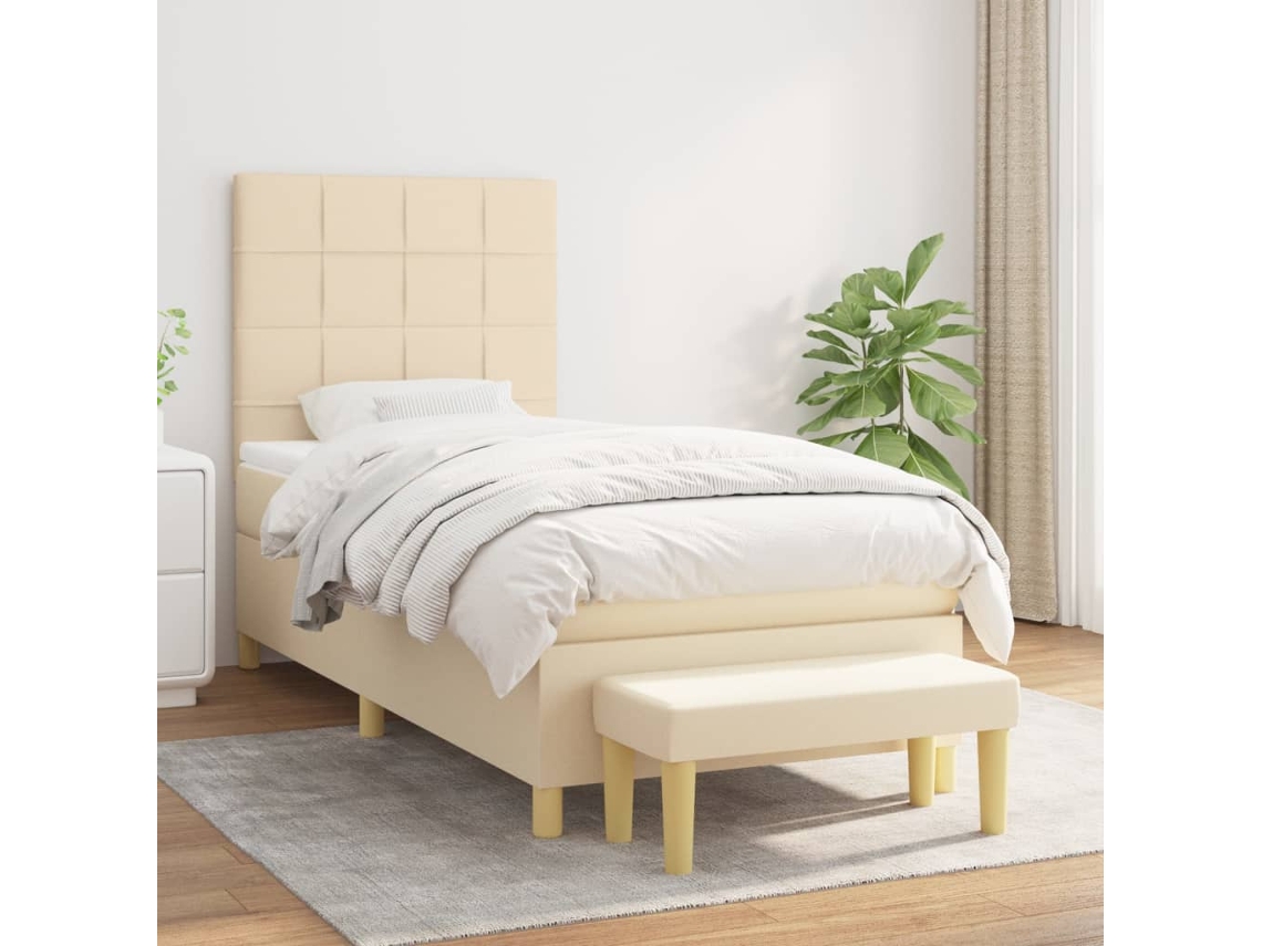 Cama con colchón de muelles y cabecero de tela beige crema (90x200 cm)