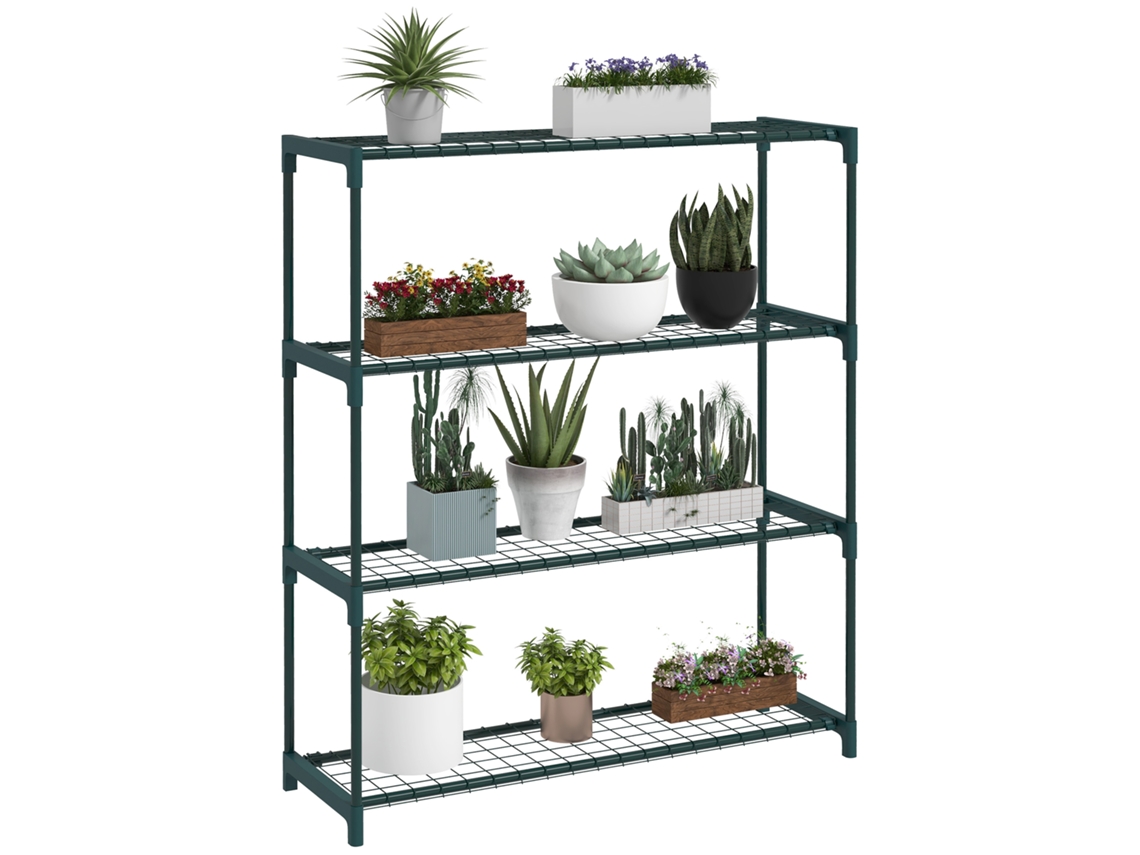 Soporte para plantas/florero de 4 niveles. Para uso interior/exterior. Fabricado en acero. Dimensiones: 89 cm x 28 cm (ancho) x 107 cm (alto). Verde. (c)