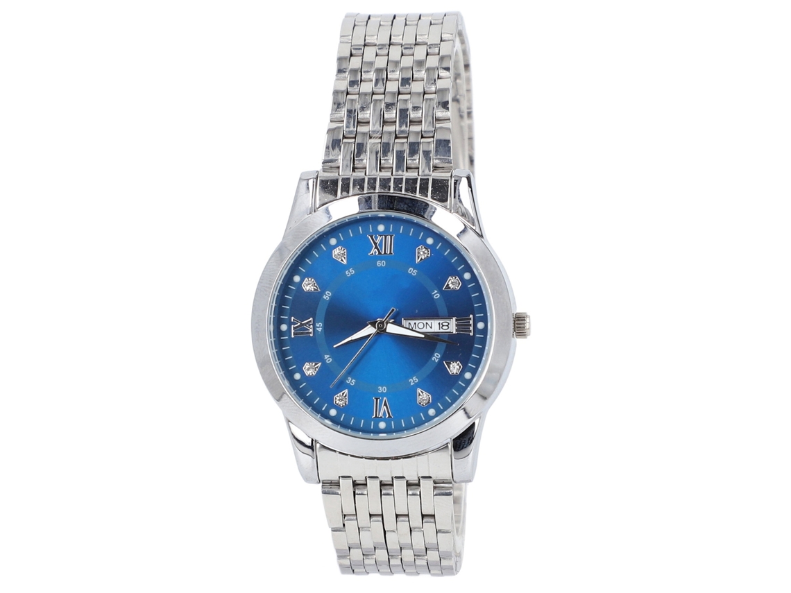 Reloj De Cuarzo De Moda Para Hombre, Estilo Ejecutivo, Con Esfera Azul Y Diamantes De Imitación, Y Brazalete De Aleación De Plata.