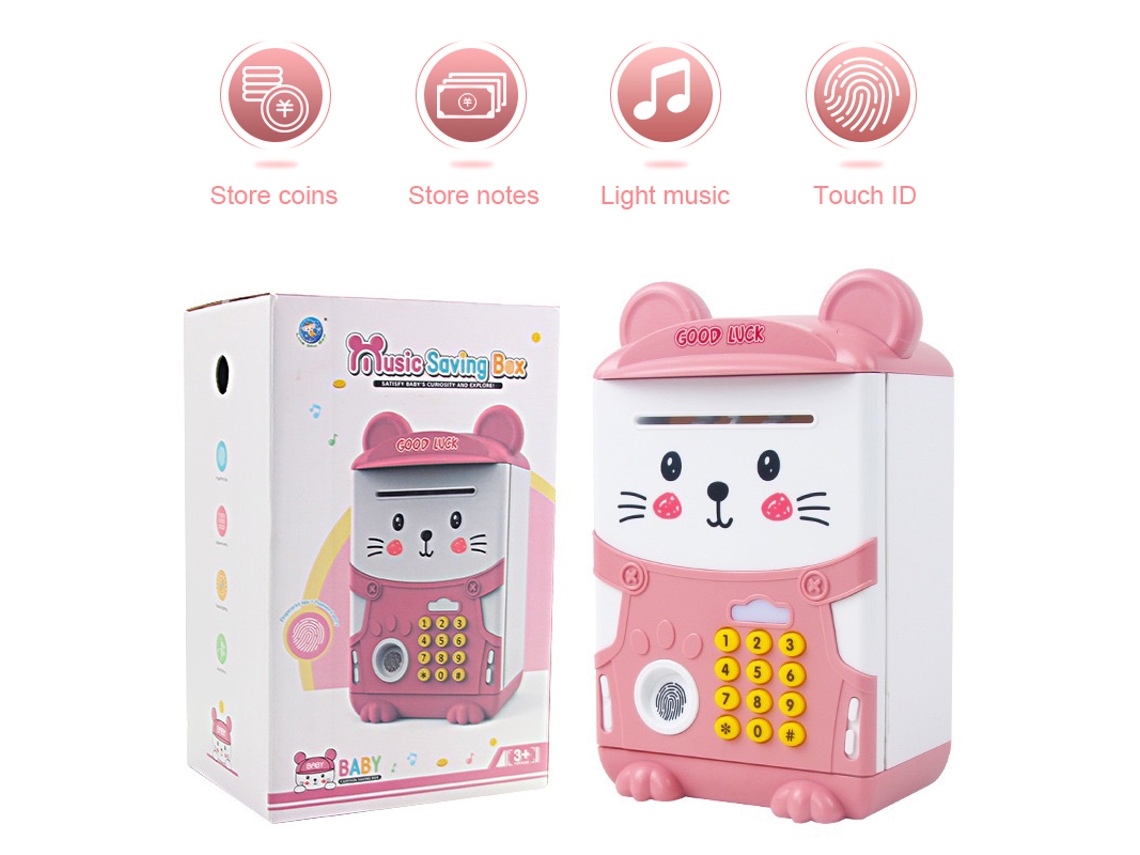 Caja fuerte infantil tipo cajero automático con asa, desbloqueo por contraseña y huella dactilar, música y divertida función de hucha. Aeuzwr