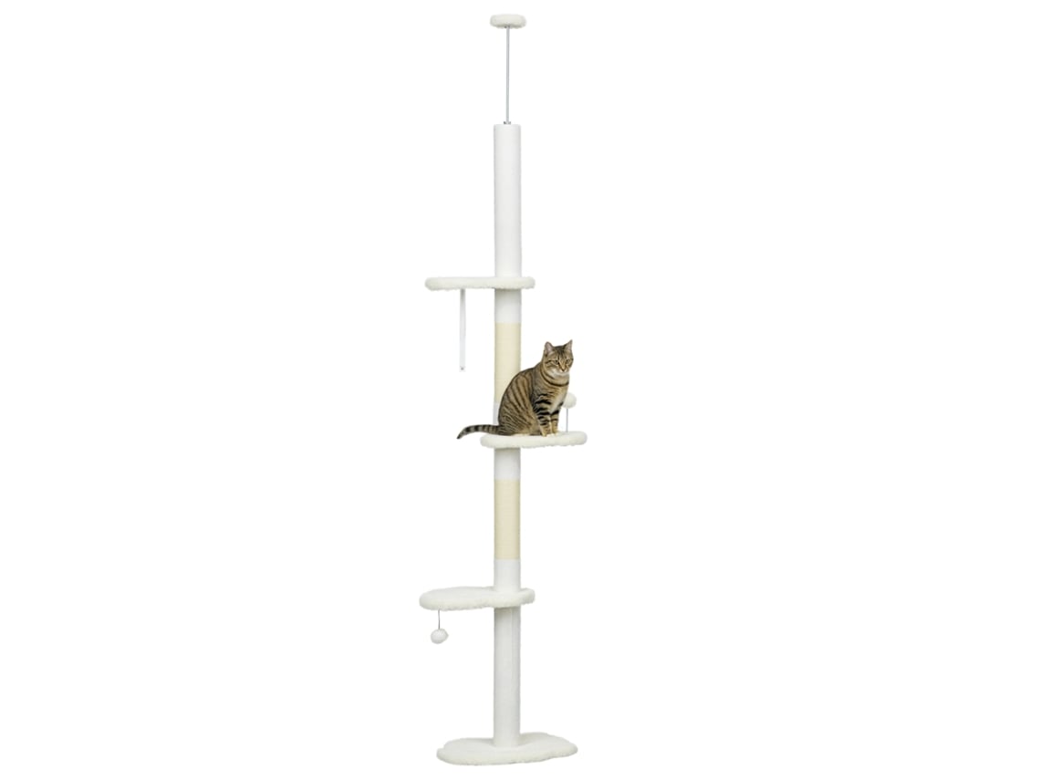 Rascador para gatos de suelo a techo con altura ajustable y 3 plataformas en forma de nube, 48x32x225 cm, blanco