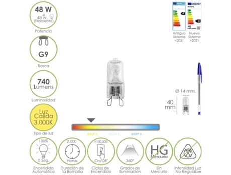 Bombilla halogena g-9. 48 w. 740 lumenes. luz cálida (3.000 k.)