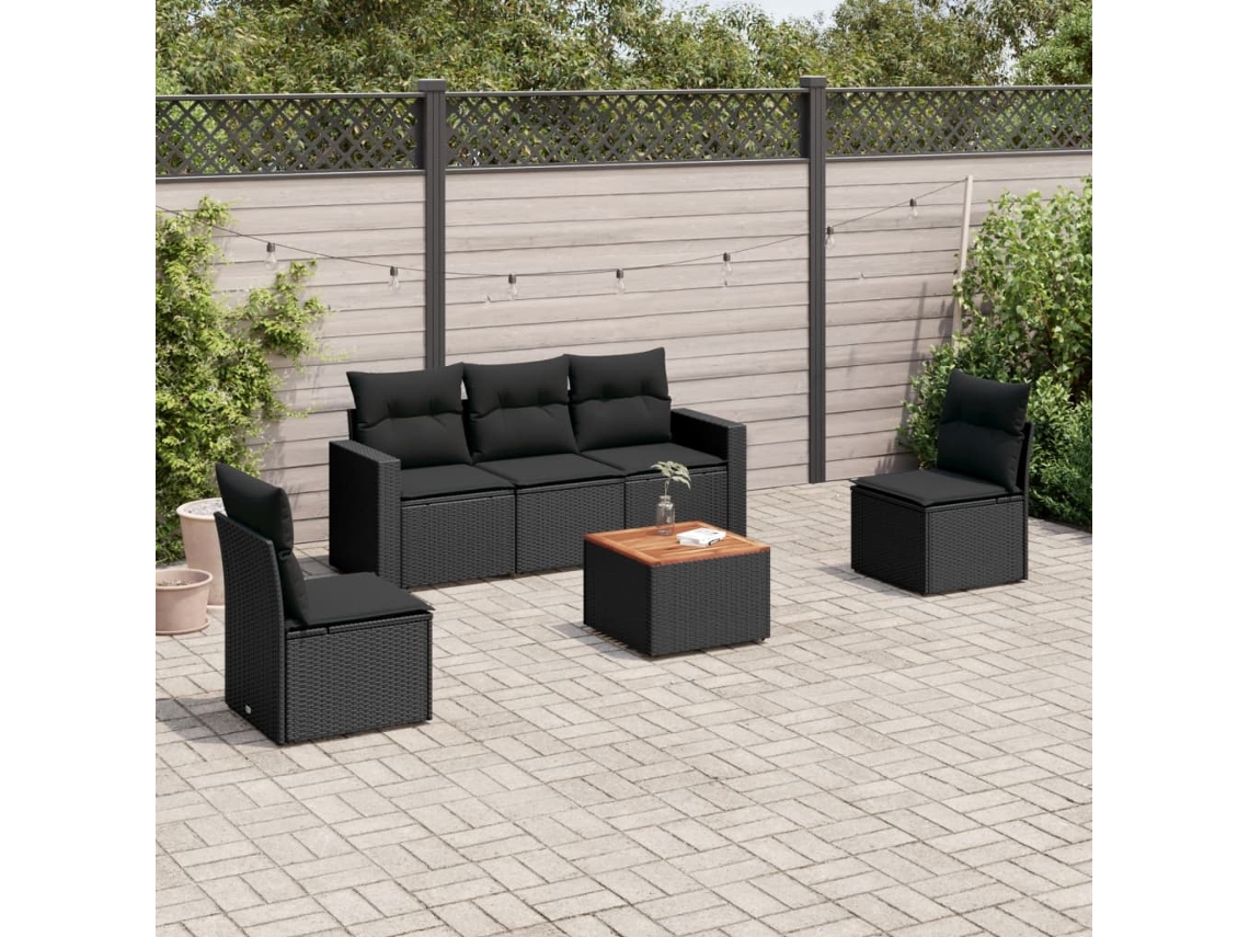 Conjunto de sofá de jardín de 6 piezas con cojines, mimbre sintético negro, DKD Home Decor