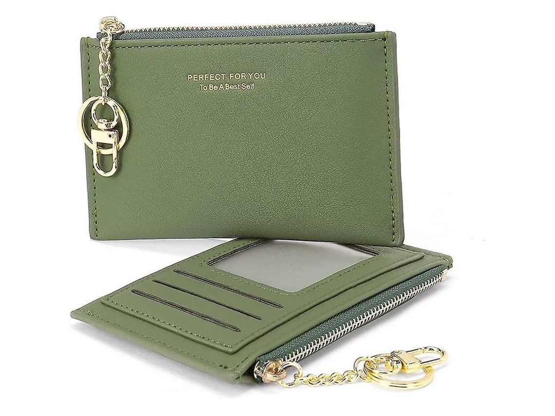 2026-cartera De Cuero Vegano Pequeña Para Mujer Con Cremallera, Monedero, Tarjetas Y Llavero Verde