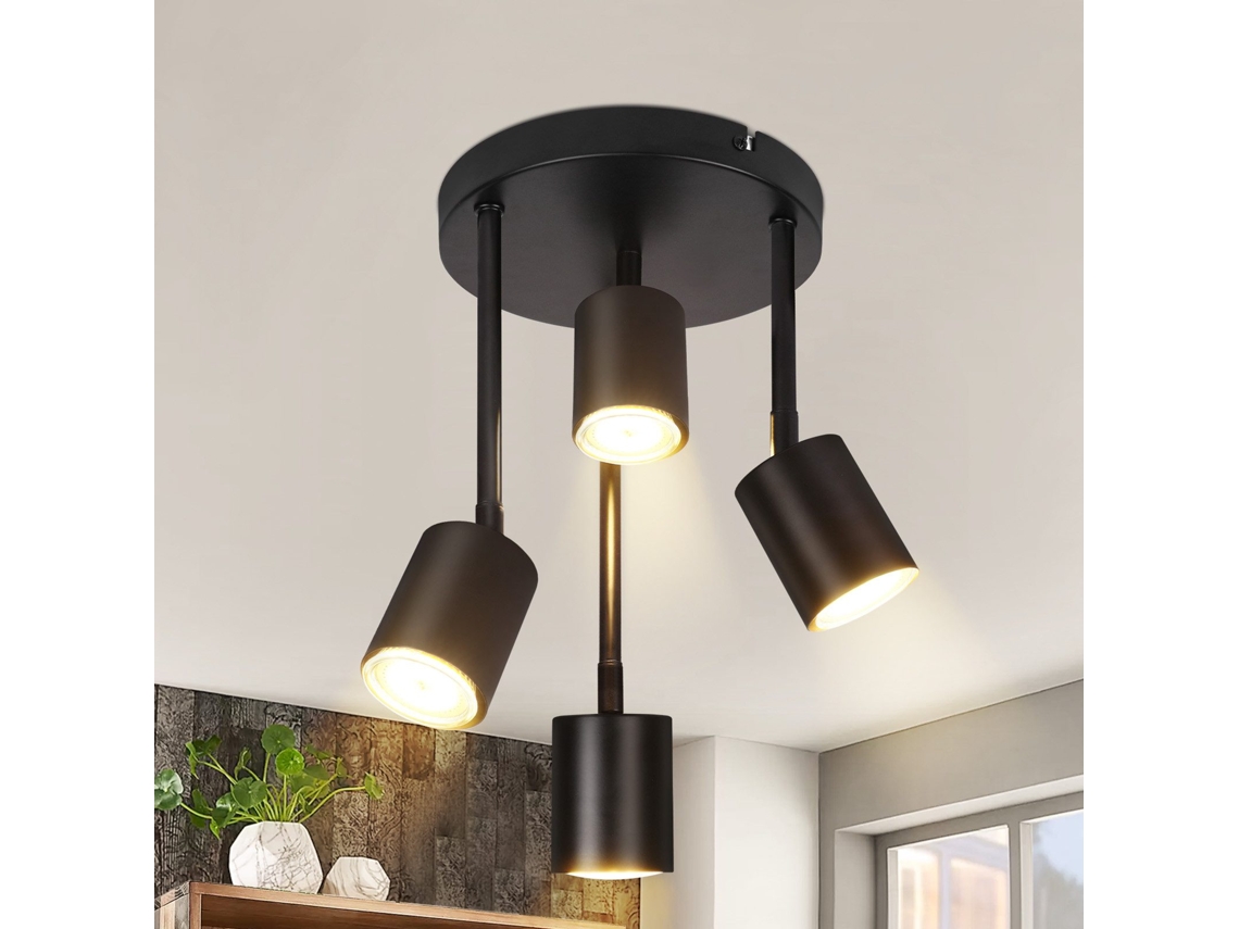 Foco de techo LED ajustable GU10 de 4 bombillas, negro, 350°, para cocina.