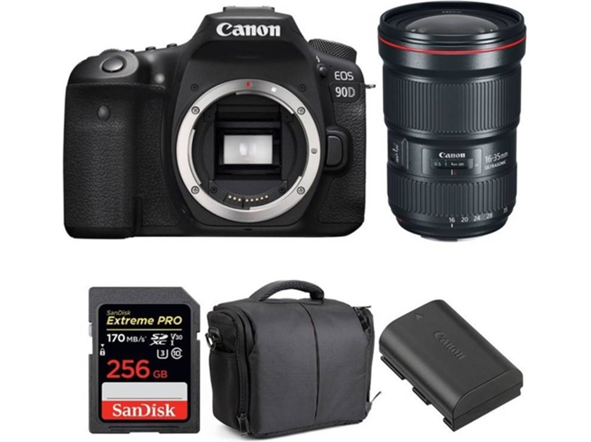 Kit Cámara CANON EOS 90D + EF 16-35mm f/2.8L III USM + SanDisk 256 GB + Batería + Bolsa (APS-C)