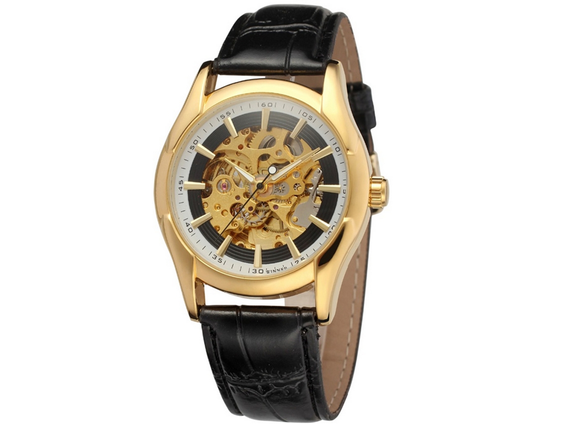 Reloj De Pulsera Mecánico Automático Para Hombre Winner Con Correa De Piel Sintética Negra Y Dorada.