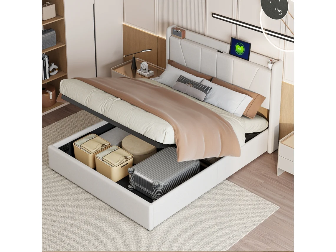 Cama De Matrimonio 160x200 Cm, Cama Tapizada Con Usb Tipo-c, Espacio De Almacenaje, Lino Beige, Colchón No Incluido.