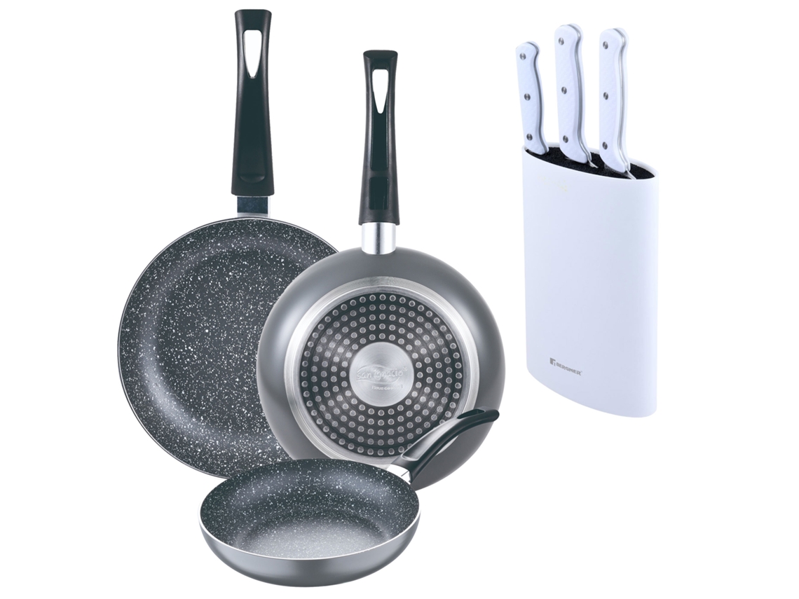 Juego de 3 sartenes Bergner Soul de mármol de Ø16ø20ø24 cm con bloque de cuchillos