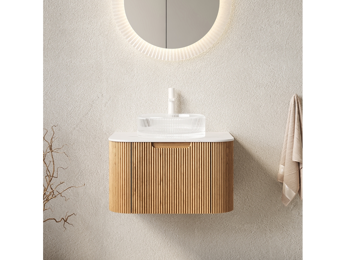 Dina Mueble De Baño Suspendido 61 Cm Con Lavabo Redondo De Vidrio Transparente, Encimera Carrara Y Cajón