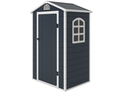 Casita de juegos para jardín de 1,1 m², de plástico, con techo inclinado, 134 x 104 x 204 cm, ventilación, color gris oscuro.