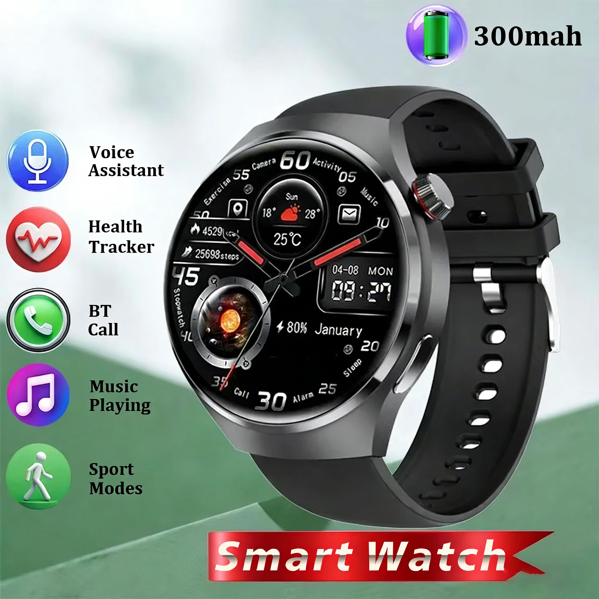 Reloj inteligente (negro), pantalla HD, monitor de salud, llamadas Bluetooth, asistente de voz.