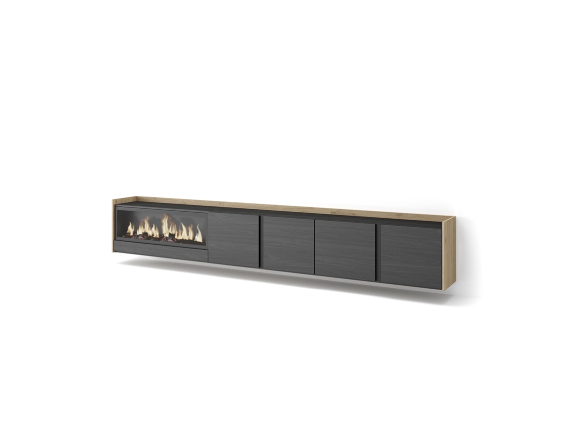 Mueble para TV, 315x35x50cm, para televisores de hasta 80'', chimenea eléctrica XXL, montaje en pared, negro y roble.