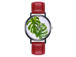 Reloj De Pulsera Unisex Zhoulianfa, Piel Sintética, Estampado De Hojas Sencillo, Rojo.