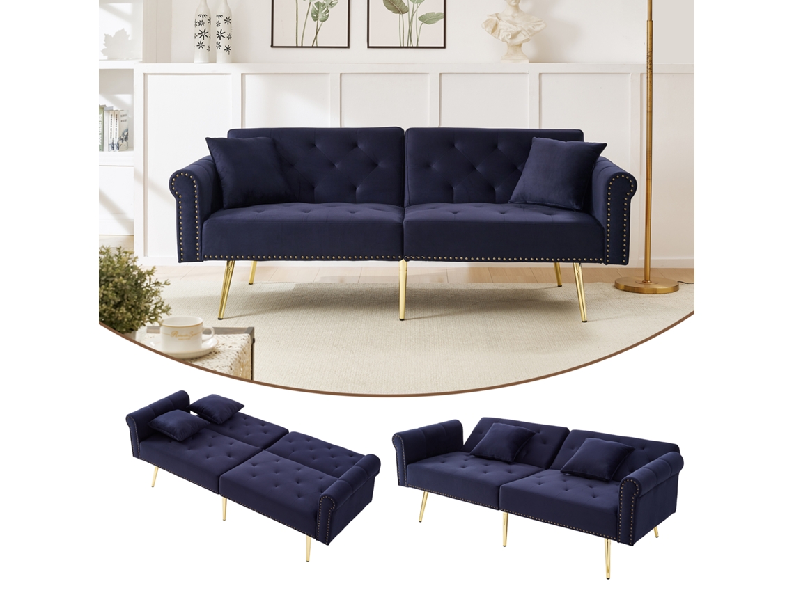 Sofá Cama 2 Plazas - Terciopelo, Respaldo Ajustable 3 Posiciones, Patas Metálicas Doradas - Antique Blue