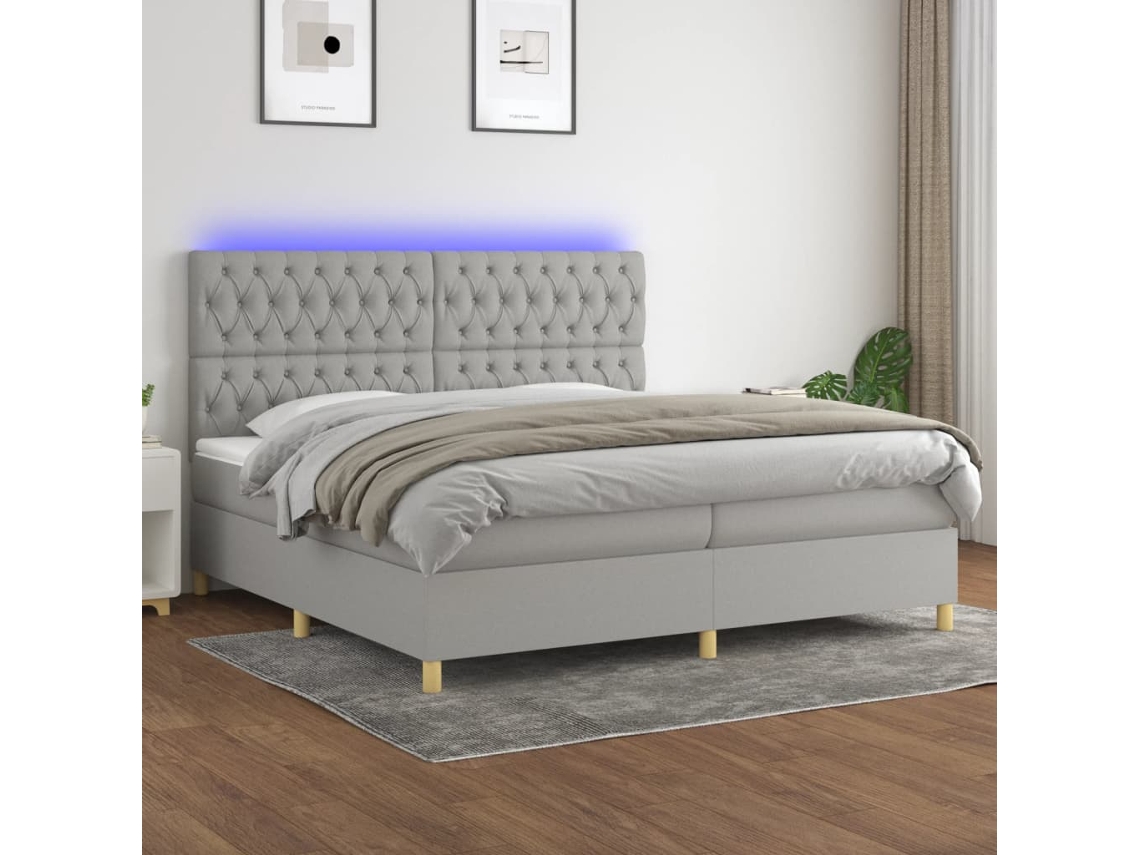 Cama Box Spring Con Colchón Tela Y Led Gris Claro 200x200 Cm