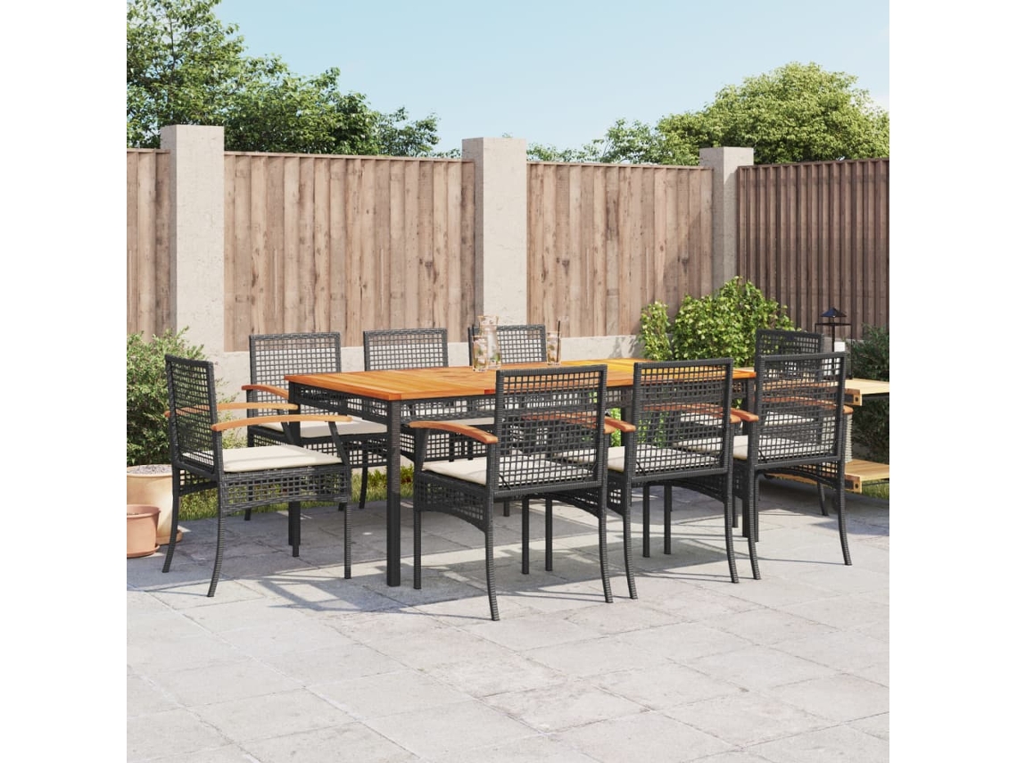 Juego de comedor de jardín de 9 piezas con cojines, mimbre sintético negro, DKD Home Decor