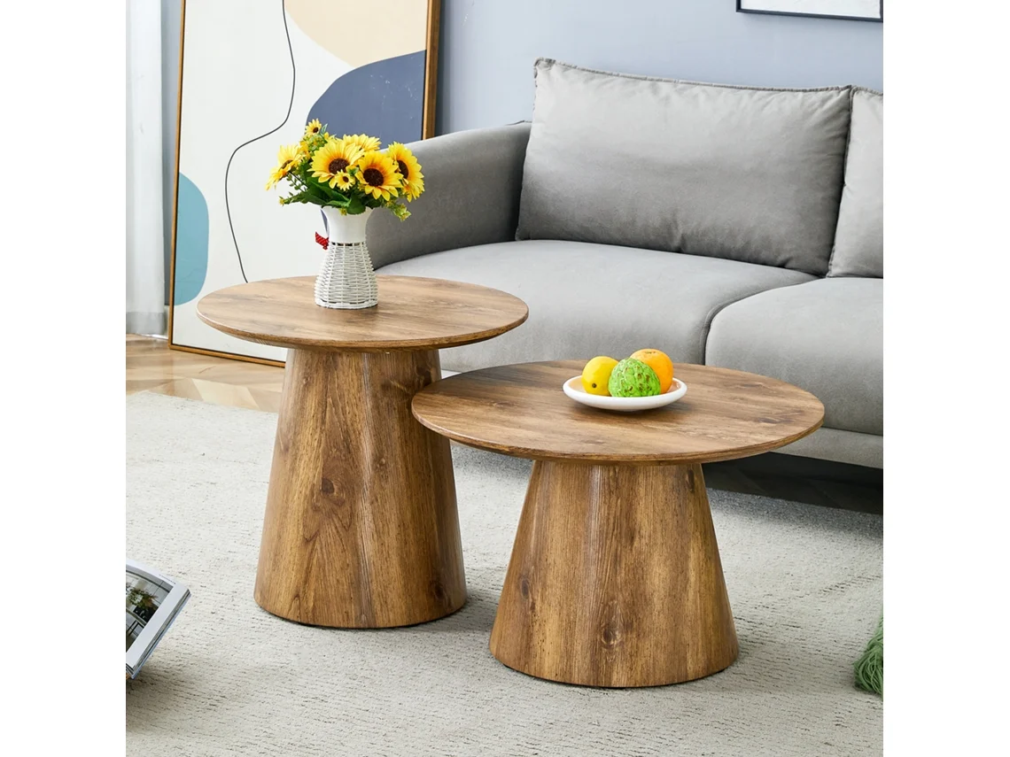 Juego Mesas Centro Madera Natural Mdf 2 Piezas Redondas Tipo Taburete Salón Moderno