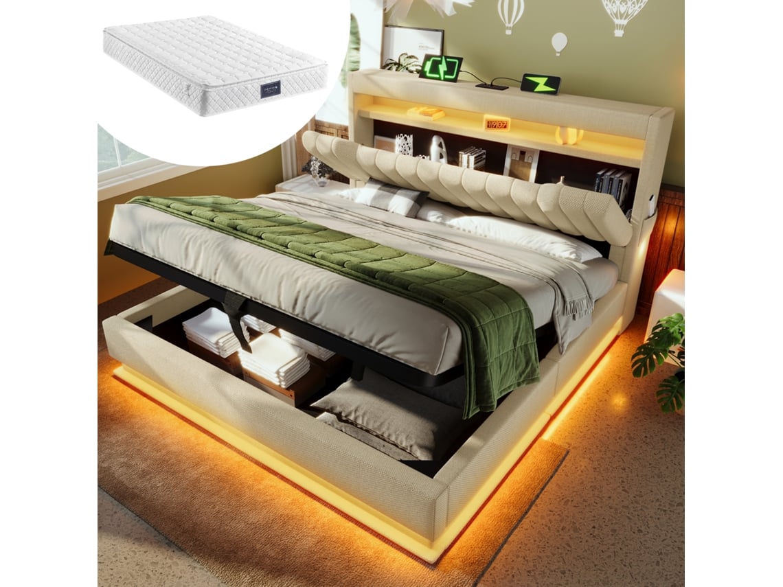 Cama Con Espacio De Almacenamiento, De 140x200 Cm, Con Iluminación Led Usb, Cabecero Hidráulico Y Sábanas Beige.