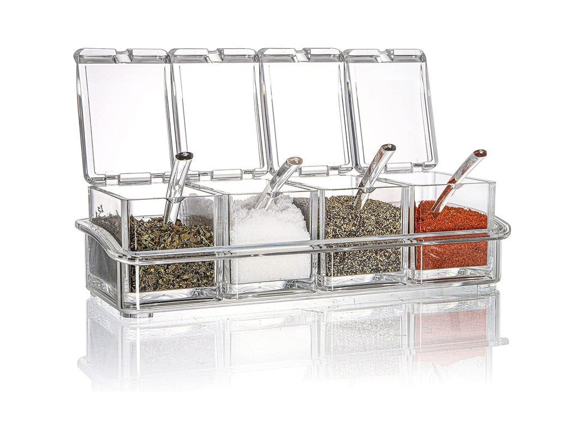 Especiero con 4 compartimentos, tapa y cuchara incluidas, acrílico transparente.