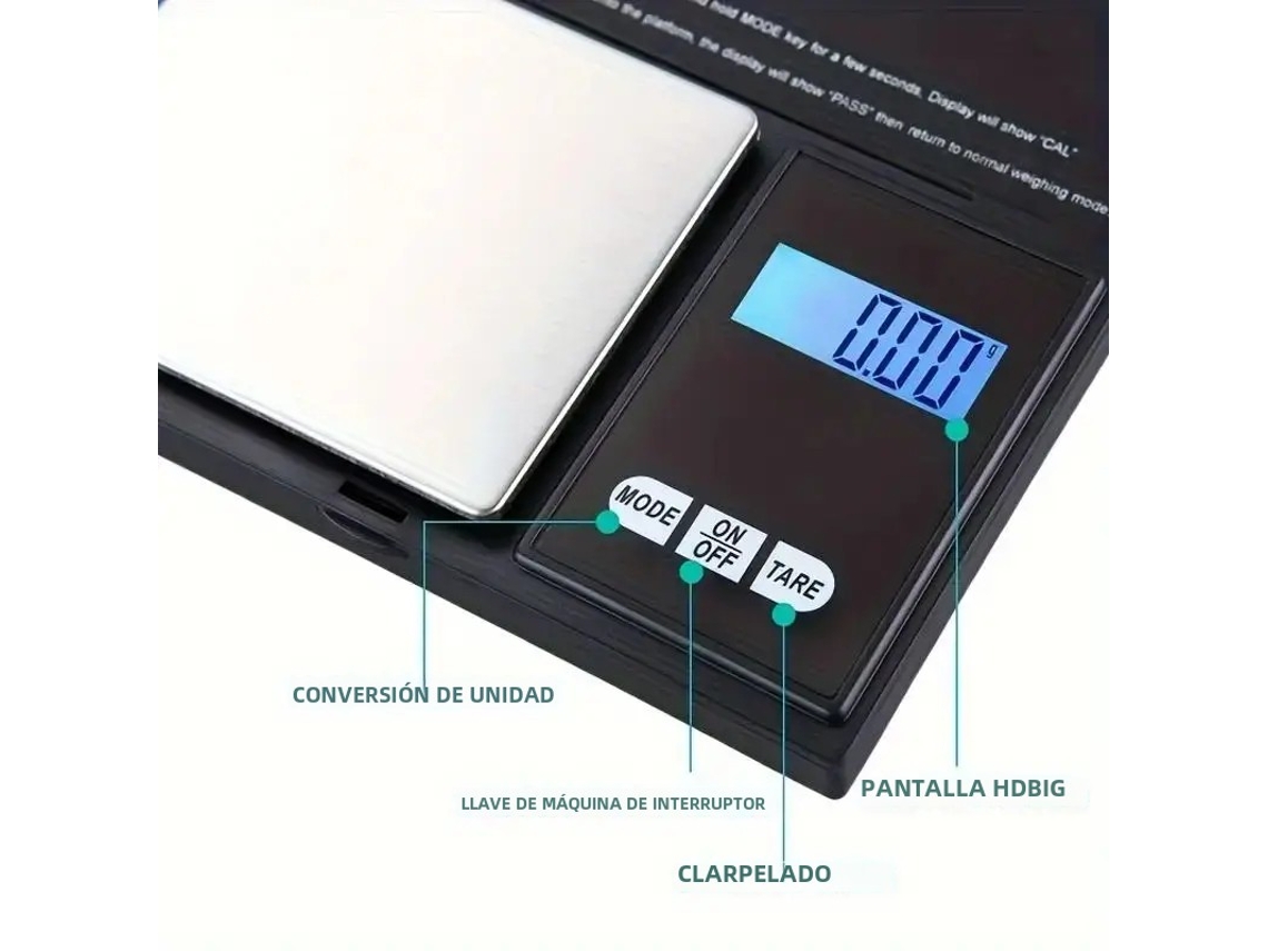(500 g, 0,01 g) Minibalanza electrónica portátil, con rango y precisión seleccionables.