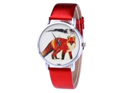 Reloj Unisex Para Parejas Con Esfera De Animales De Dibujos Animados Y Correa De Cuarzo De Pu Roja.
