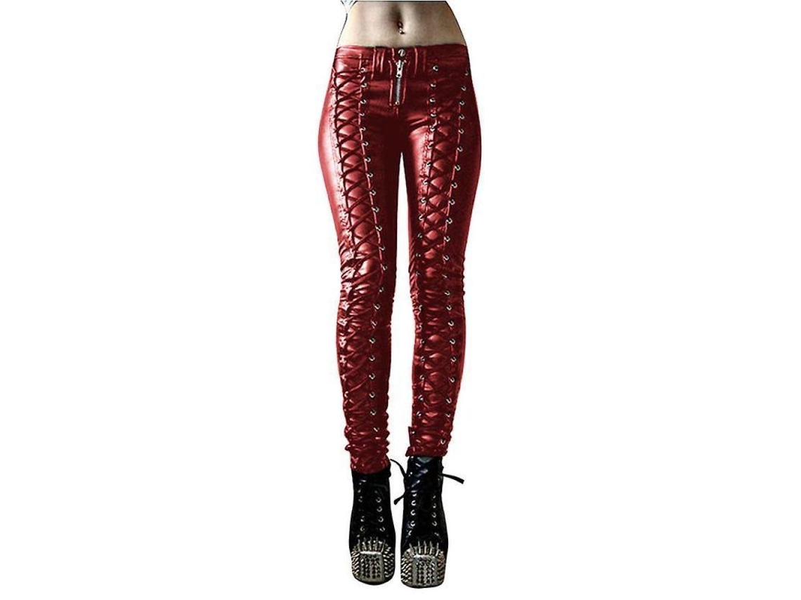 Leggings de piel sintética para mujer de la marca Rebe, con cierre de cordón y diseño gótico punk, talla XL, color rojo.
