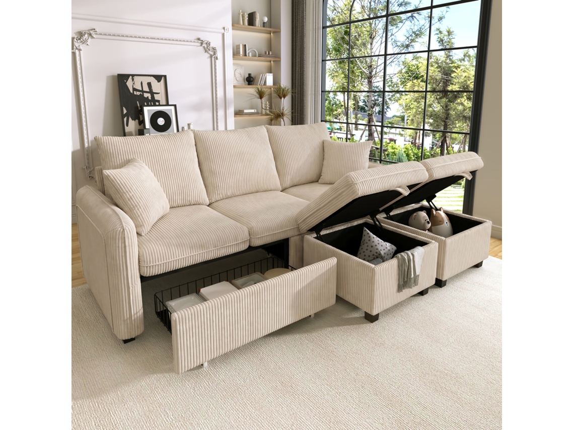 Sofá Esquinero En U 3 Plazas - Con Almacenaje Y Puff, Convertible - Beige