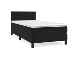 Cama con colchón de muelles y cabecero de terciopelo negro (90x190 cm)