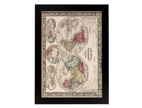 NACNIC Pósters Geográficos En Vintage El Mundo En Hemisferios Ilustraciones De Antiguos Mapamundis En Tonos Sepia Tamaño A4 Con Marco Color Madera