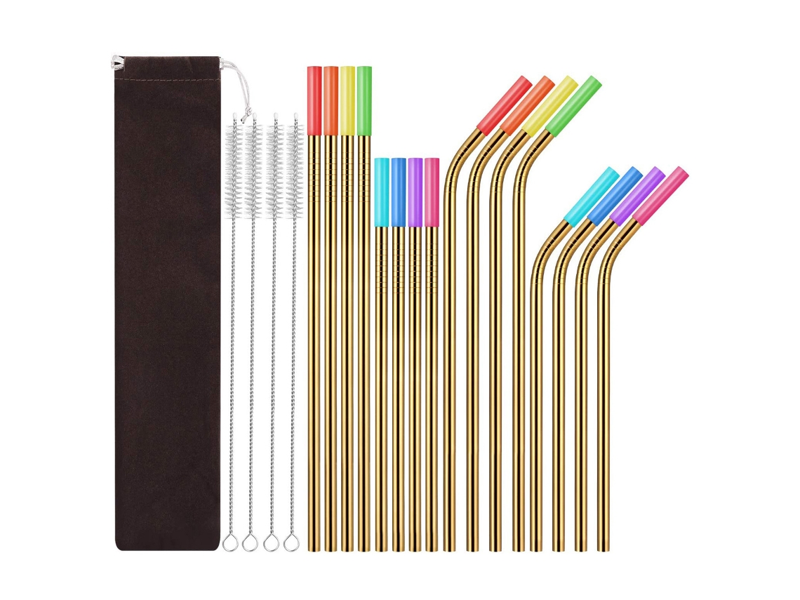 KOFIHETY Canudos Metálicos Reutilizables de Acero Inoxidable 16 Unidades - Canudos Largos Apta para Lavavajillas con Cepillos de Limpieza Incluidos