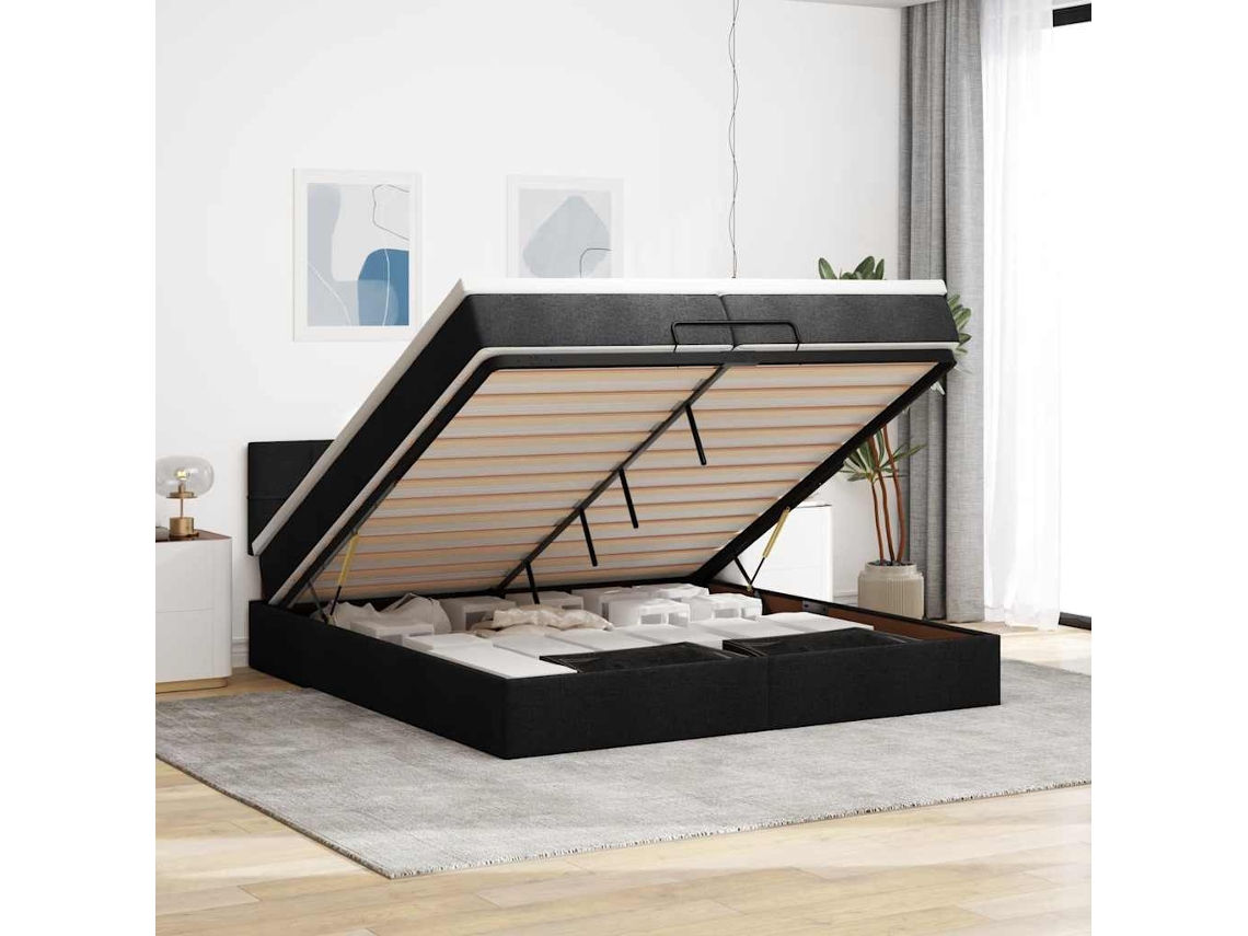 Estructura De Cama Otomana Con Colchón Tela Negra 200x200 Cm