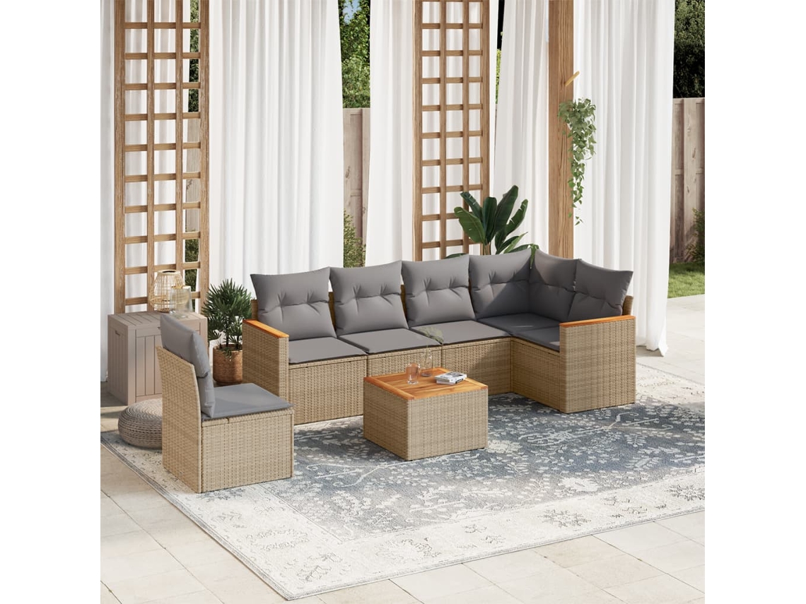 Conjunto de sofá de jardín de 7 piezas con cojines, mimbre beige mixto, DKD Home Decor