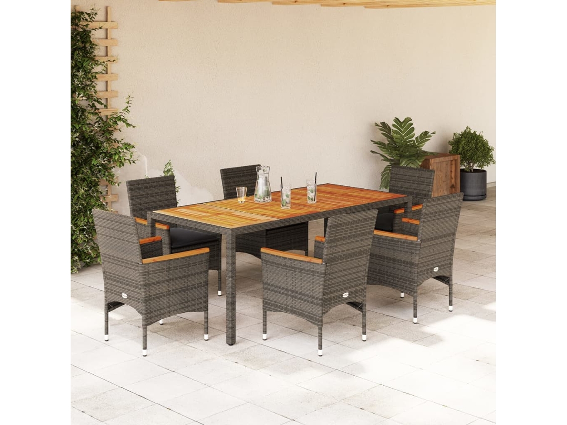 Juego de comedor de jardín con cojines, mimbre gris acacia, Dkd Home Decor