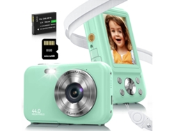 Cámara Digital para Niños Compacta TURMIN Dc406 FHD 44MP Zoom con Enfoque Automático 16X, pantalla de 2.4 pulgadas, 8GB, color verde.