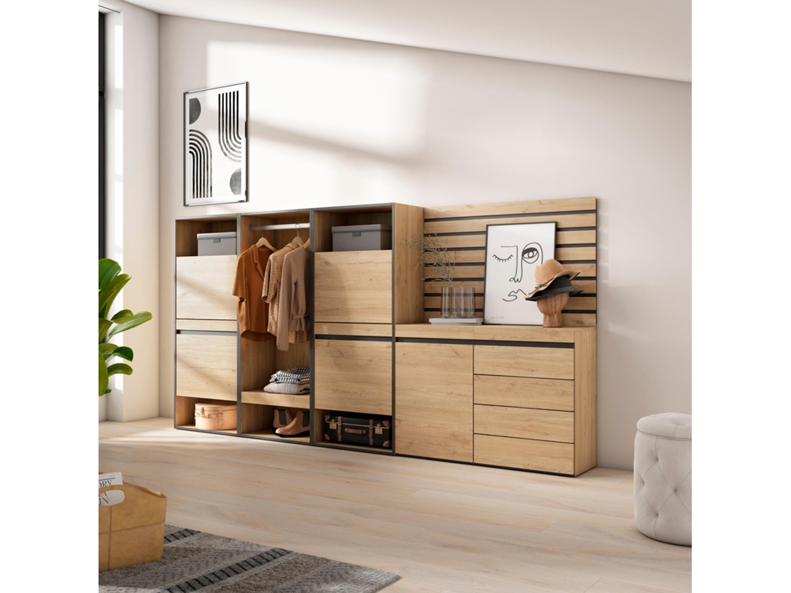 Zapatero, 287x145x35 cm, Dormitorio, habitación, Vestidor abierto, Cómoda, Cajonera, Listones Decorativos, Roble SKRAUT HOME
