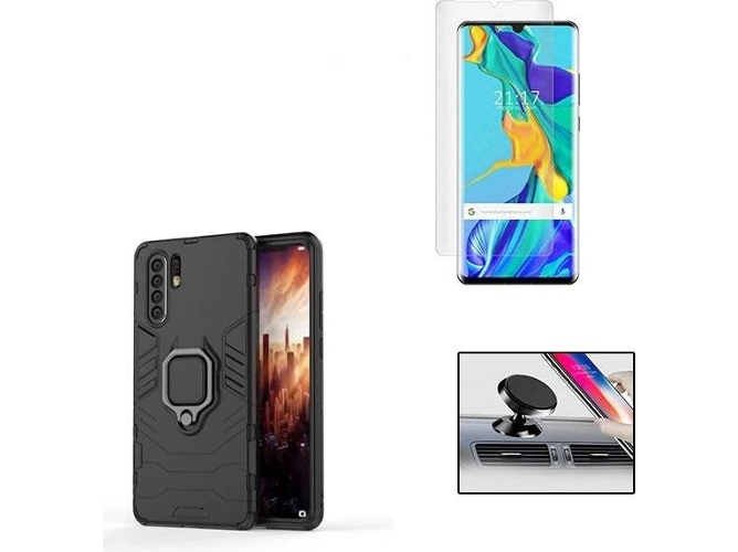 Kit Carcasa, Protector de Vidrio Nano Curved UV y Soporte Magnético Auto Huawei P30 Pro PHONOCARE Militar Negro