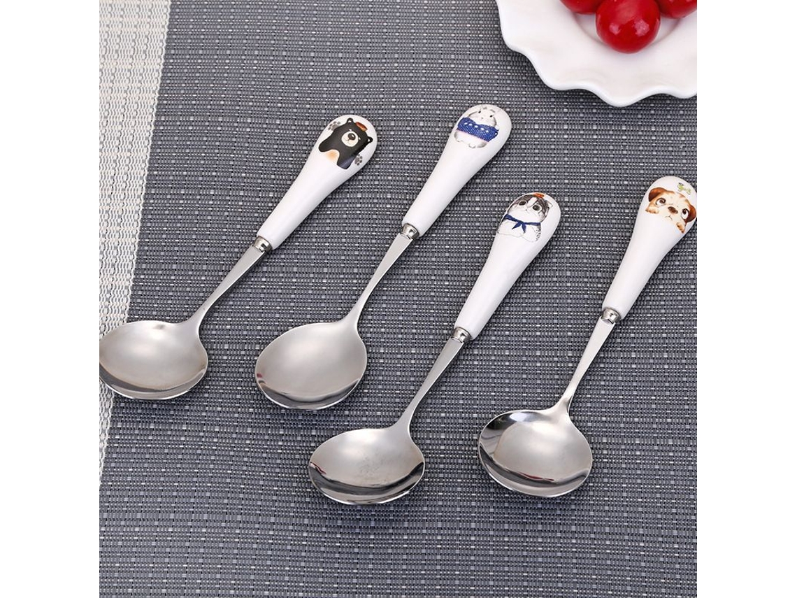 2026-45897-cucharas De Acero Inoxidable Linjou - Mango Cerámica Blanco Con Estampado Animal - Pack De 4