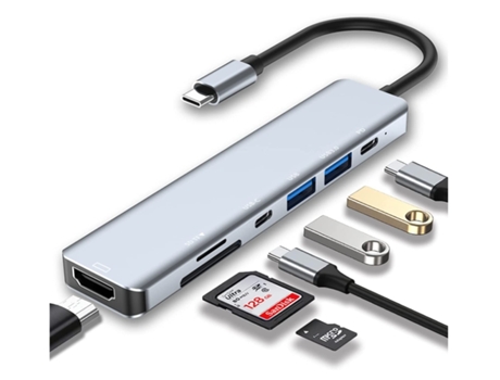 Hub USB C 7 en 1 Adaptador USB C con 4K Hdmi Dos puertos USB-C Lector de tarjetas USB 3.0 Sd/Tf plateado
