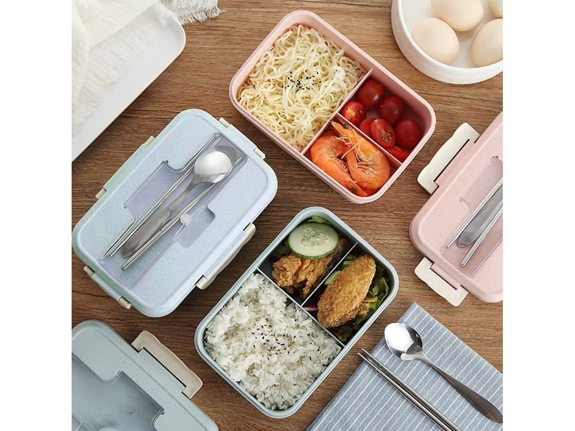 Fiambrera Bento A Prueba De Fugas Con 3 Compartimentos Para Adultos Y Niños, Con Cuchara Y Palitos Para Remover, Apta Para Microondas Y Lavavajillas.