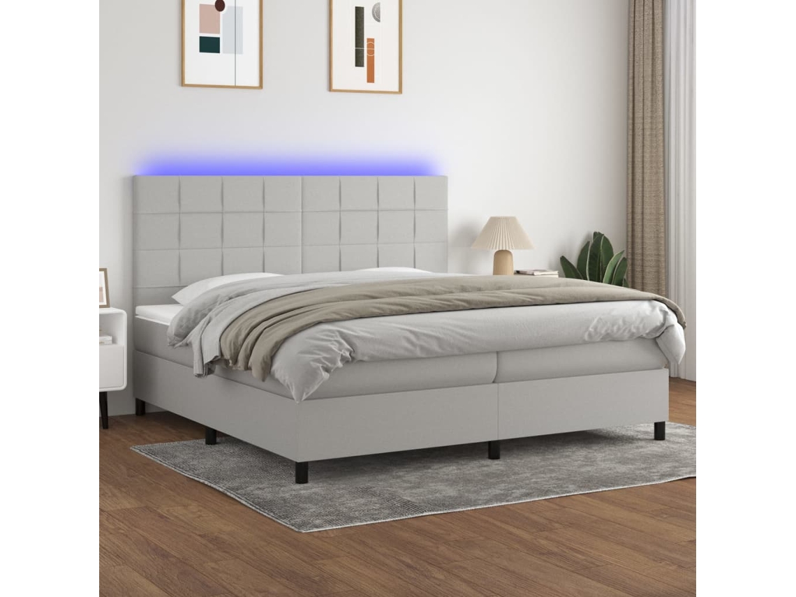 Cama Box Spring Con Colchón Tela Y Led Gris Claro 200x200 Cm