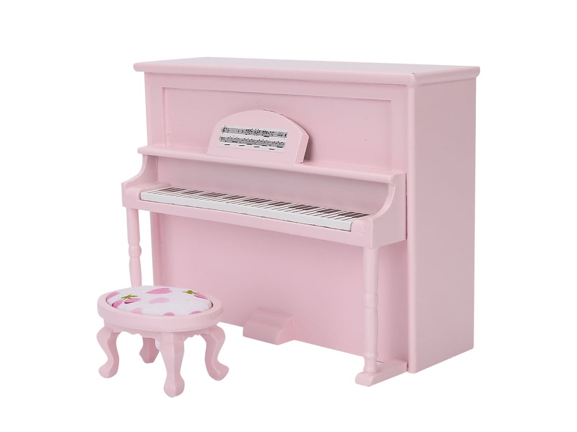 Acessório Casa De Bonecas Piano Vertical Mini Com Banco De Madeira 1:12 Rosa