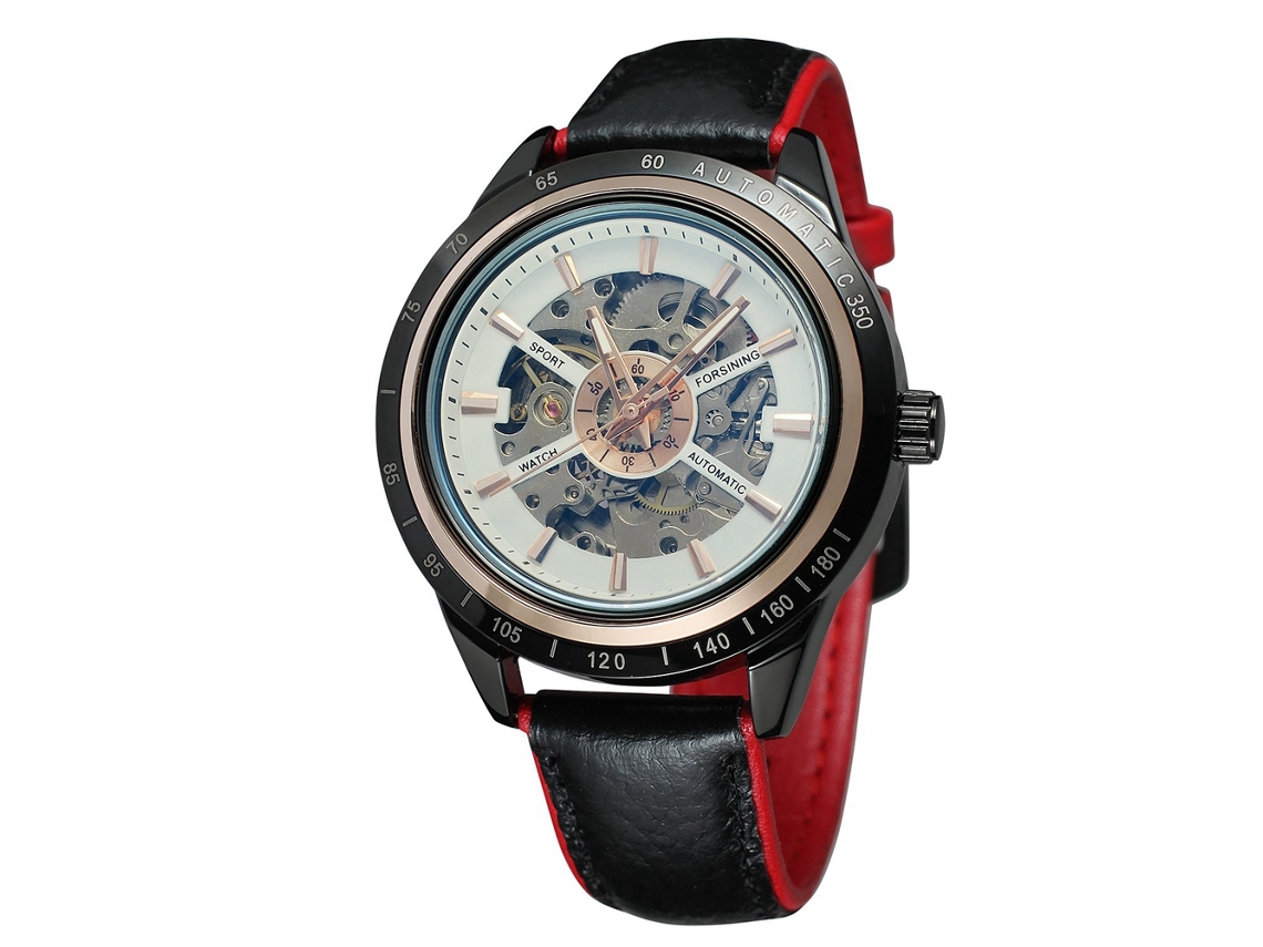 Reloj Automático Forsining Para Hombre Con Correa De Cuero Y Esfera Calada, Blanco Y Rojo.